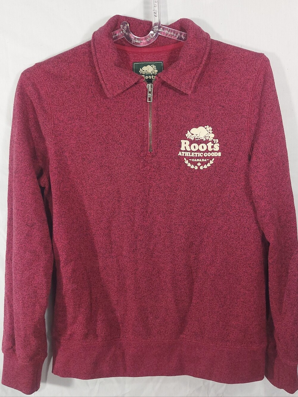 Roots Unisex 1/4 Zip Collared Heathered Cranberry Sweatshirt, Mens Size XS